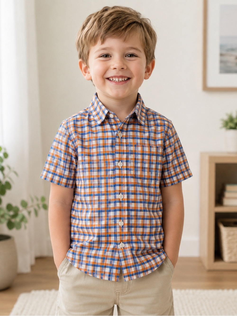 Janie and Jack Boys Size 4 Orange Blue Plaid Short Sleeve Button-Up Shirt